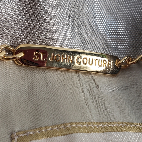 St. John Shimmering Silk Trench Tan / Silver w/ Belt & Pockets Couture sz 10 - Picture 11 of 15